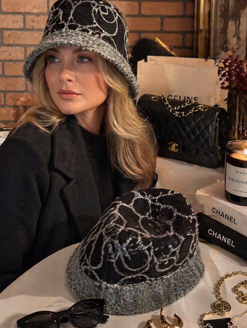 AMALIICA Mohair Bucket Hat Black Gray Embroidered | Soft Fuzzy Cloche | Cozy /M